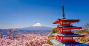 View of Mount Fuji and shrine from Arakurayama Sengen Park