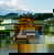 Floating golden traditional temple on pond surrounded by dark forest on a cloudy day