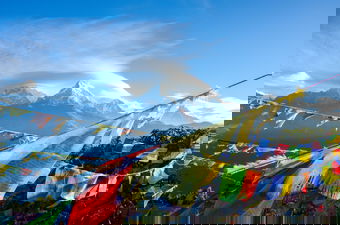 View of Nepal Mount Everest with colourful flags