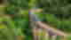 Aerial shot of emerald forest and old stone bridge with blue train gliding along the tracks