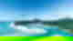 Swirling white sands and turquoise ocean with lush tropical island in background, The Whitsundays