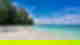 White sand beach with tropical palm tree forest to the left and bright turquoise ocean to the right on a cloudy blue sky day