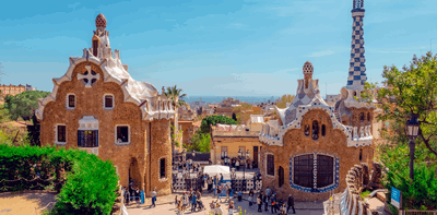 Park Guell Barcelona. Yellow houses in park
